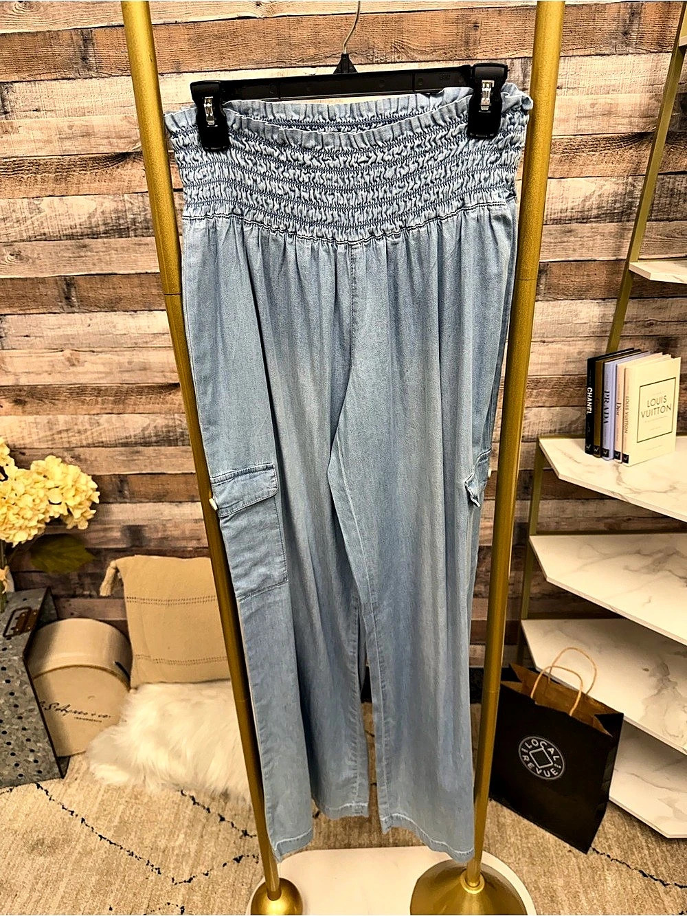 American Original Chambray Light Blue Elastic Waist Cargo Pants